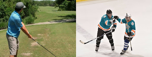 Johnny playing a round of golf and participating in an Orlando Solar Bears charity hockey game.